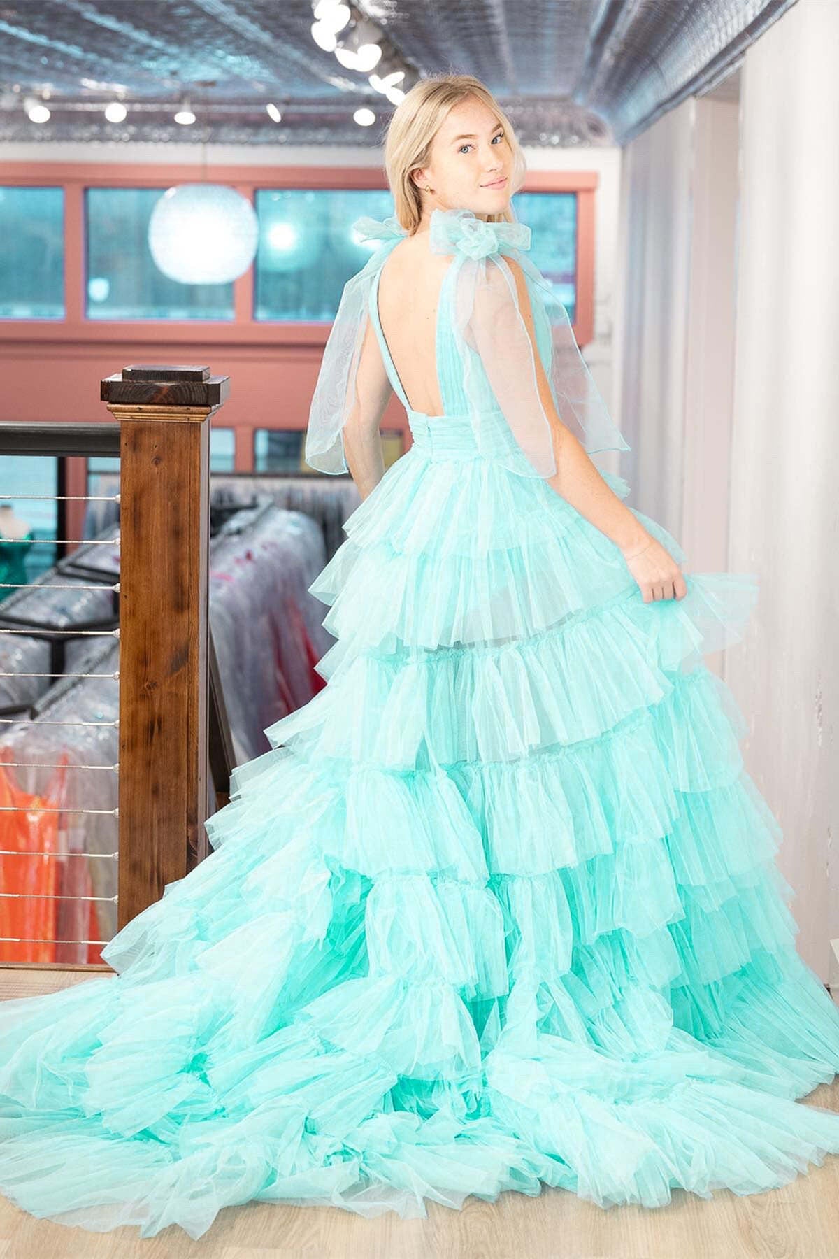 Bow Straps Orange V-Neck Ruffled Tulle Long Prom Dress with Slit FancyVestido Bow Straps Orange V-Neck Ruffled Tulle Long Prom Dress with Slit FancyVestido