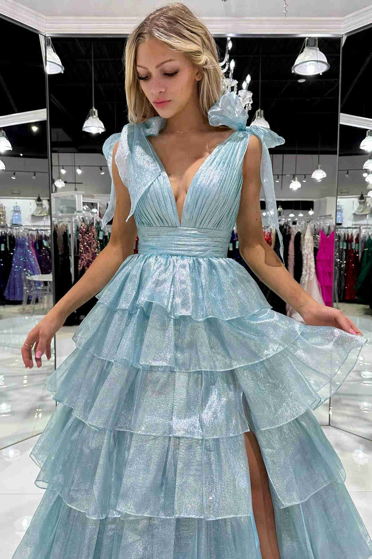 Glitter Tie Straps Pink Plunging Neck Tiered Long Prom Dress FancyVestido Glitter Tie Straps Pink Plunging Neck Tiered Long Prom Dress FancyVestido