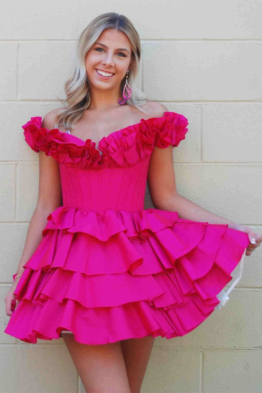 off the shoulder fuchsia a-line tiered short dress full shot 