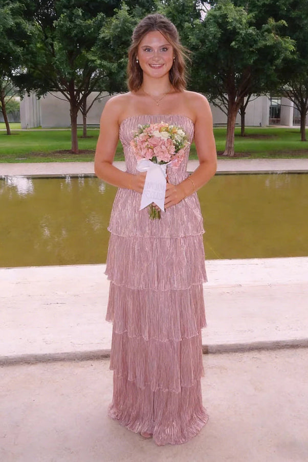 Pleated Tiered A-Line Sweetheart Strapless Maxi Party Prom Dress