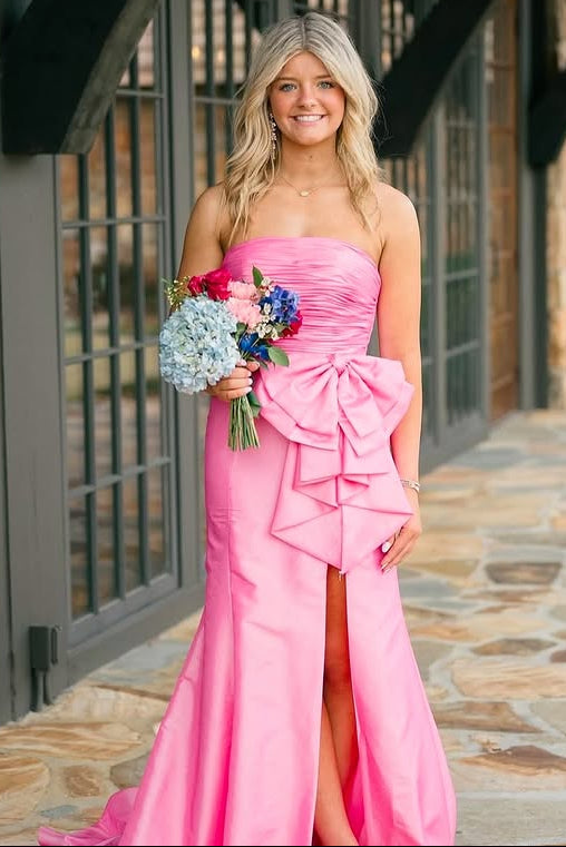 Blue Strapless Pleated Slit Mermaid Prom Dress with Bow