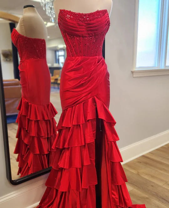 Pink Strapless Applique Ruffle Mermaid Prom Dress with Slit