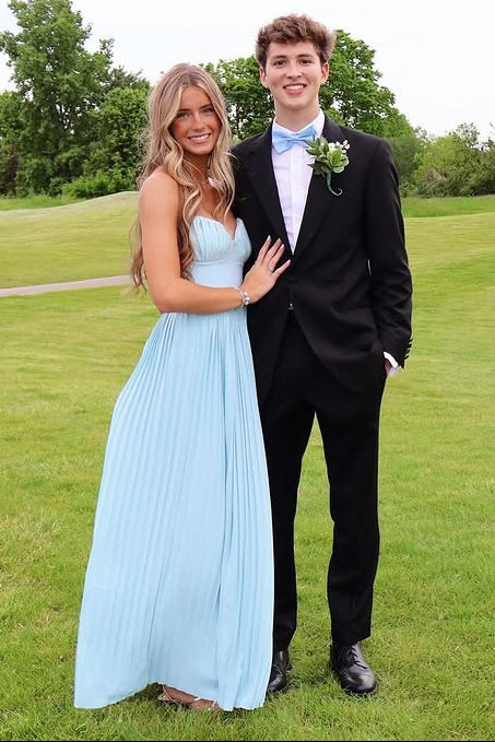 Blue V-Neck Strapless Empire A-Line Pleated Evening Prom Dress