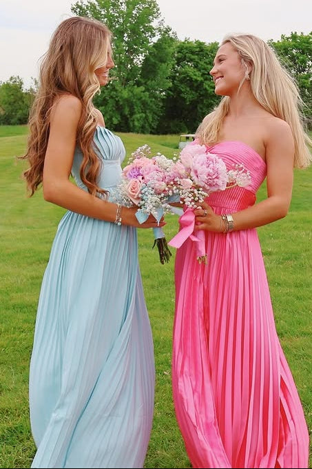 Blue V-Neck Strapless Empire A-Line Pleated Evening Prom Dress