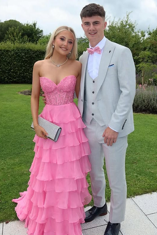 Sweetheart Red Corset Chiffon Ruffle Long Prom Dress