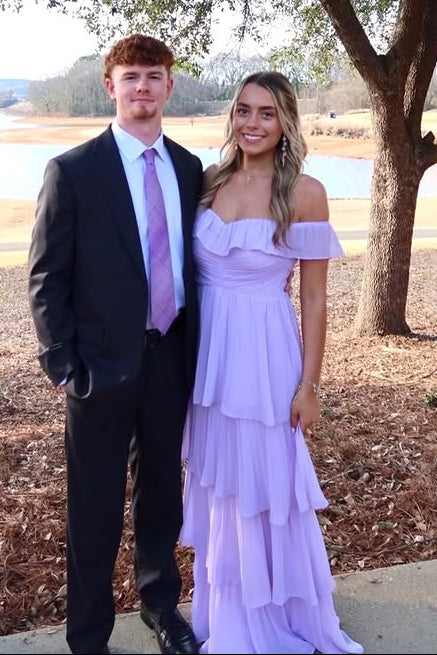 Ruffle Off-Shoulder A-Line Tiered Pleated Party Prom Dress