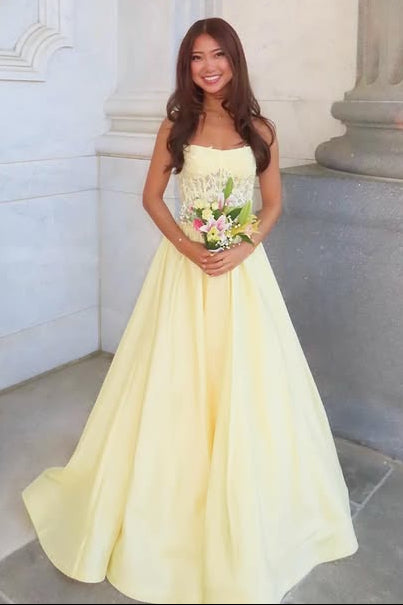 Strapless A-Line Lace And Satin Floor-Length Party Prom Dress