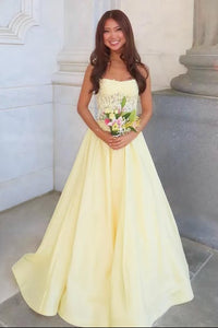 Strapless A-Line Lace And Satin Floor-Length Party Prom Dress