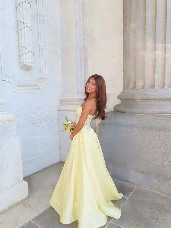Strapless A-Line Lace And Satin Floor-Length Party Prom Dress