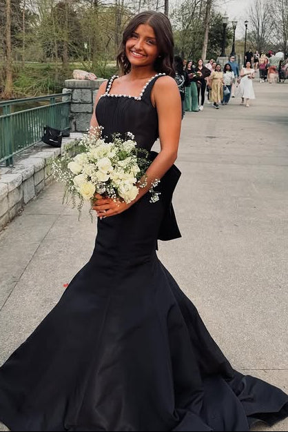 Mermaid Satin Square Backless Formal Party Prom Dress With Bow