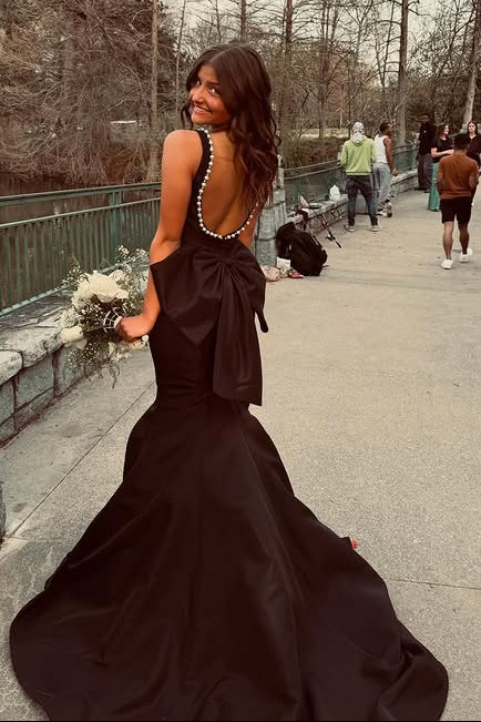 Mermaid Satin Square Backless Formal Party Prom Dress With Bow