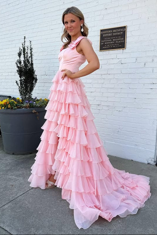 Square Bow Straps A-Line Empire Chiffon Tiered Prom Dress