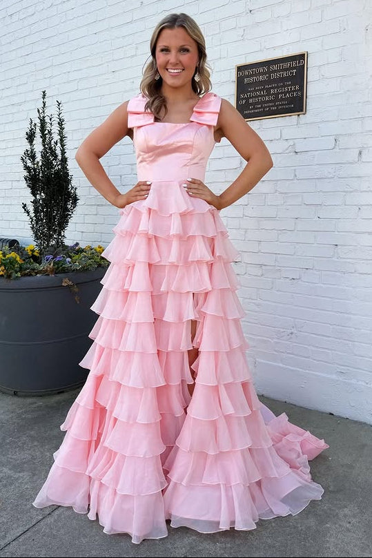 Square Bow Straps A-Line Empire Chiffon Tiered Prom Dress