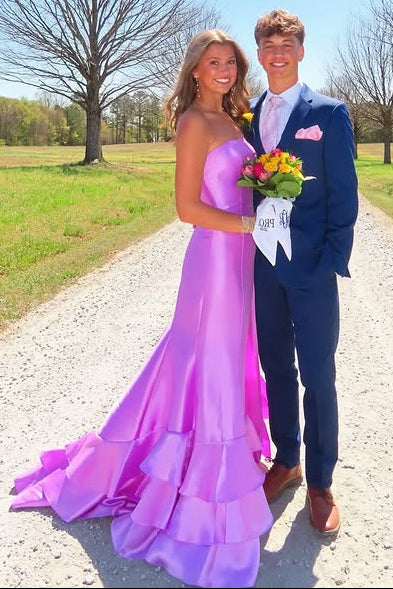 Modest Satin Mermaid Strapless Party Prom Dress With Tiered Train
