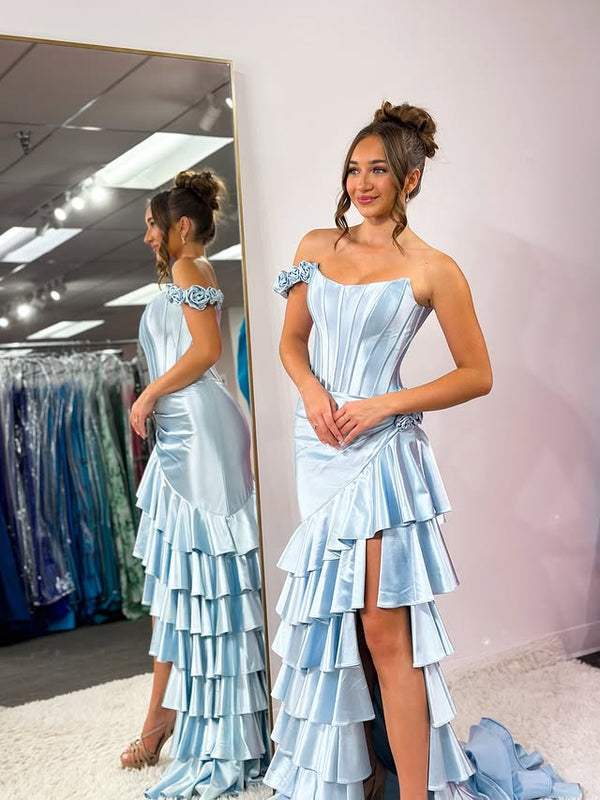 One Shoulder Satin Tiered High Slit Party Prom Dress With Train