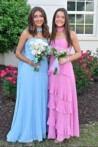 Yellow Chiffon A-Line Strapless Tiered Maxi Party Prom Dress