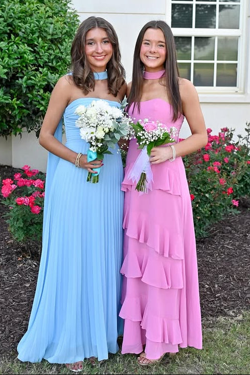 Yellow Chiffon A-Line Strapless Tiered Maxi Party Prom Dress