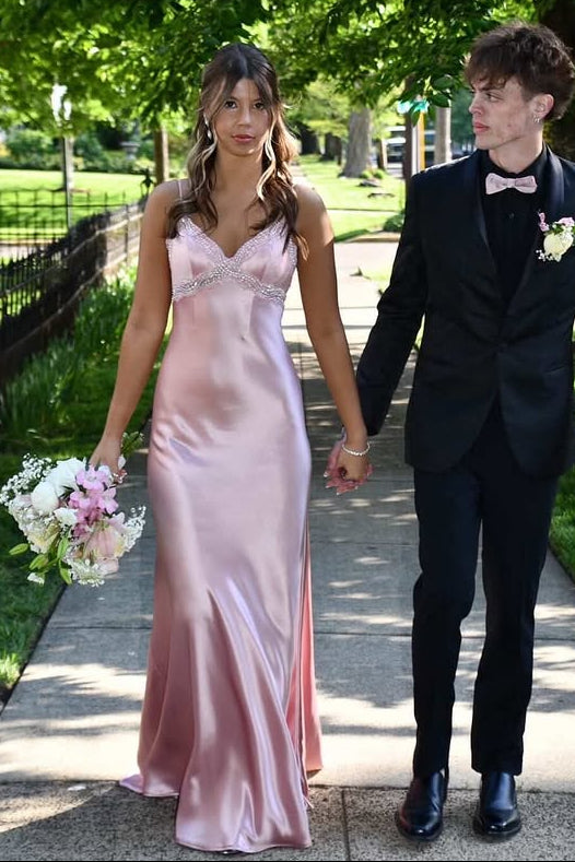 Sexy Black V-Neck Spaghetti Straps Mermaid Satin Prom Evening Dress