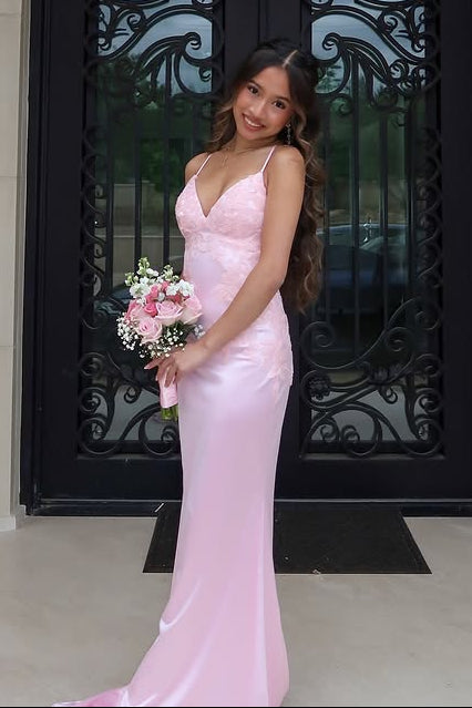 Modest V-Neck Backless Lace Appliques Satin Mermaid Party Prom Dress