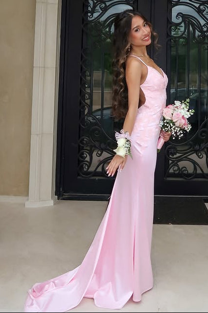 Modest V-Neck Backless Lace Appliques Satin Mermaid Party Prom Dress