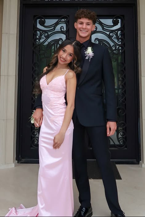 Modest V-Neck Backless Lace Appliques Satin Mermaid Party Prom Dress