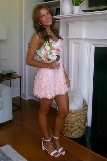 White Sweetheart Strapless Lace Floral A-Line Mini Homecoming Dress