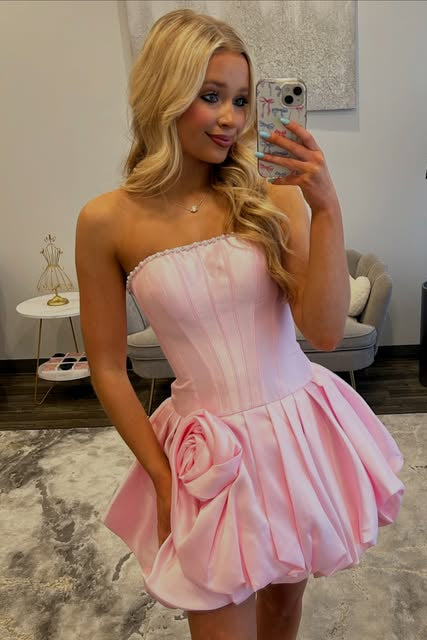 Simple Satin A-Line Sleeveless Floral Pleated Mini Homecoming Dress