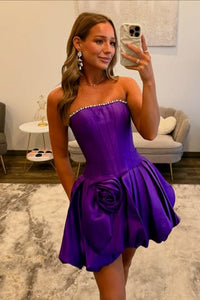 Simple Satin A-Line Sleeveless Floral Pleated Mini Homecoming Dress