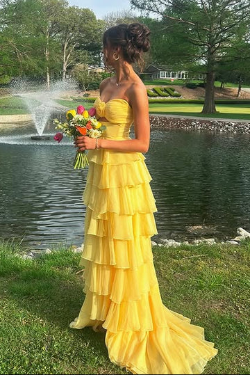 Strapless Chiffon Ruffle A-Line Slit Prom Dress with Floral