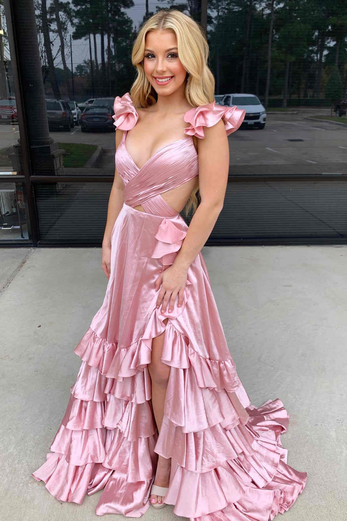 Ruffled Straps Red Pleated Layered Long Prom Dress