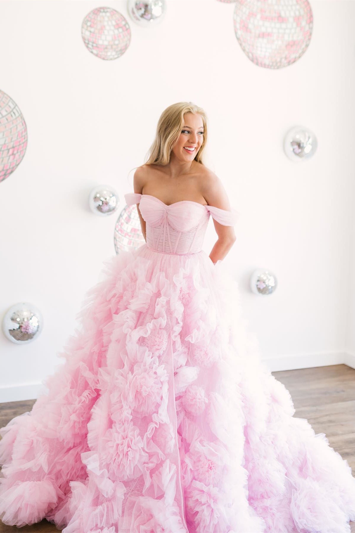 Lavender Off-the-Shoulder Lace Tiered Ruffle See Through Prom Gown with Slit