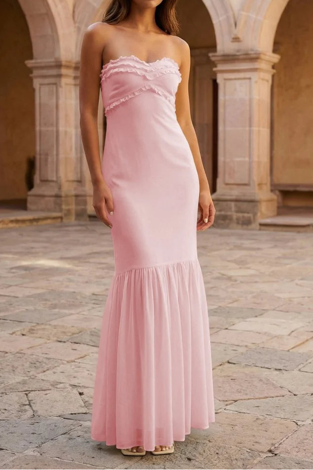 Yellow Satin And Chiffon Ruffle Strapless Party Prom Dress