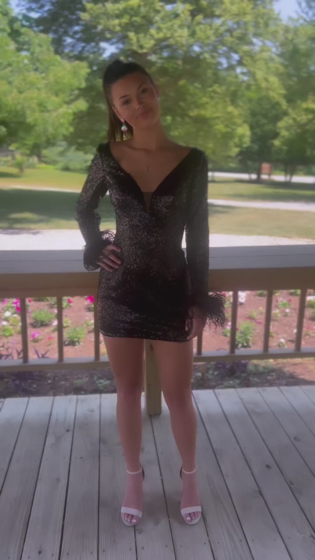 Sparkle Fuchsia V-Neck Short Homecoming Dress with Feather Long Sleeves Black Color Video