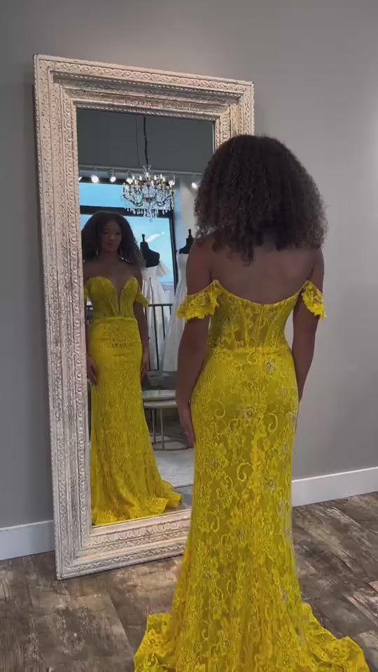 Magenta Off the Shoulder Mermaid Lace Prom Dress Yellow Color Video