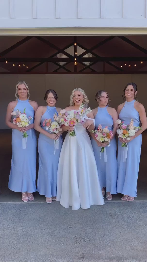 Sky Blue Halter Satin Long Bridesmaid Dress Video