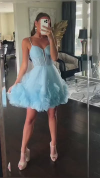 Hot Pink Plunging V Neck Straps A-line Ruffles Homecoming Dress Light Blue Color Video 