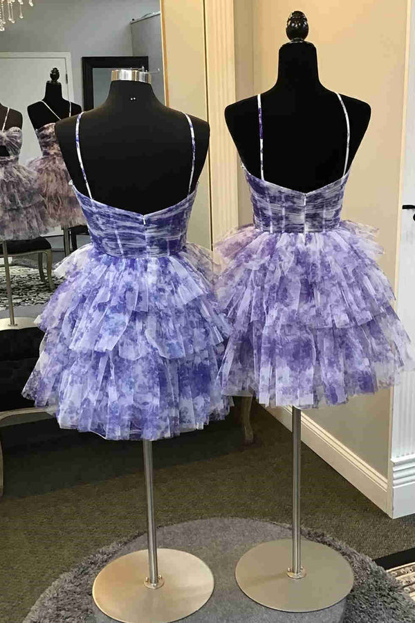 Straps Purple Floral Print Keyhole Ruffle Cocktail Dress