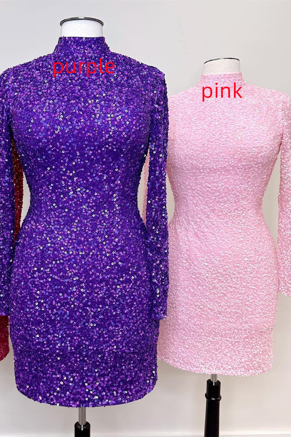 Long Sleeves High Neck Fuchsia Sequins Homecoming Dress