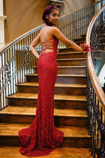 Gold V Neck Mermiad Sequins Lace-Up Front Slit Long Prom Dress