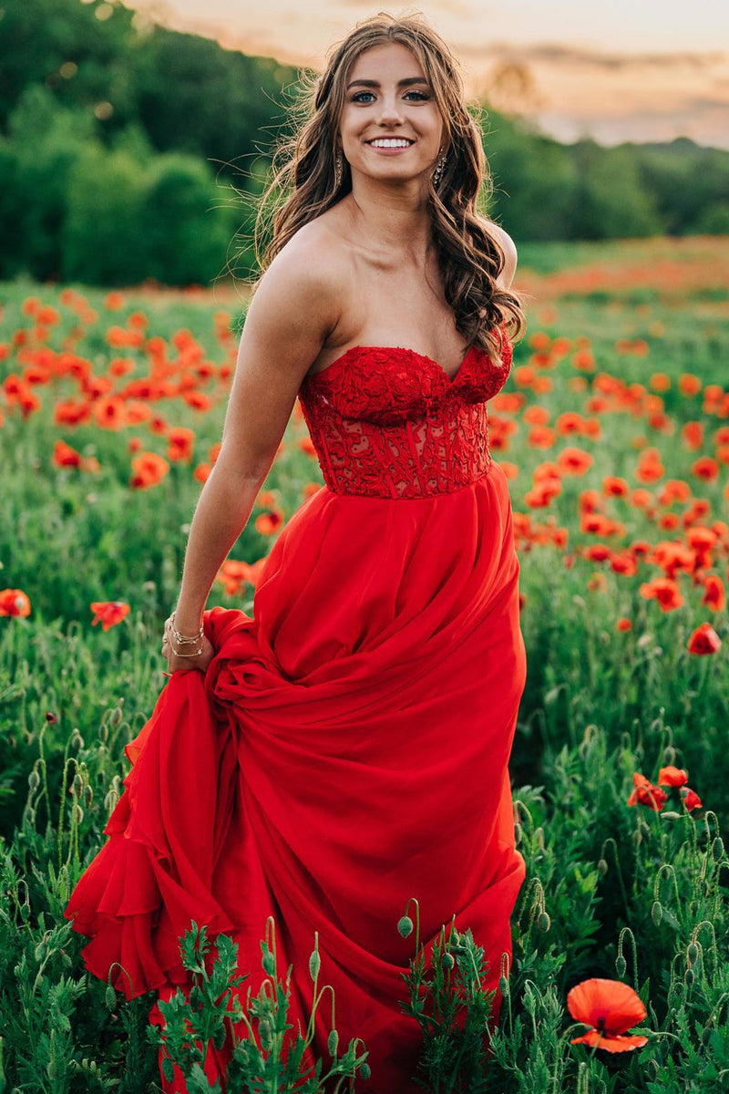 Off-Shoulder A-line Chiffon Applique Lace-Up Long Prom Dress