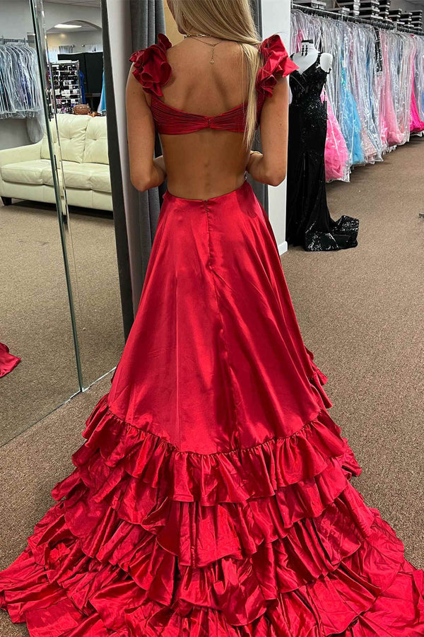 Ruffled Straps Red Pleated Layered Long Prom Dress