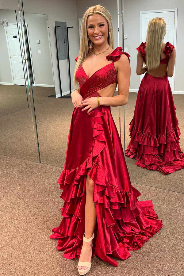 Ruffled Straps Red Pleated Layered Long Prom Dress