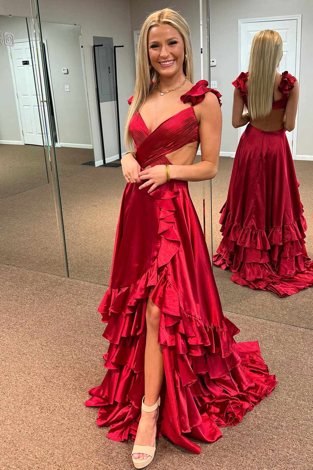 red flowy prom dress Ruffled Straps Red Pleated Layered Long Prom Dress – FancyVestido