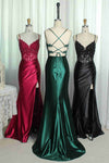 Mermaid Emerald Green Straps Ruched Prom Dress with Slit