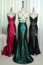 Mermaid Emerald Green Straps Ruched Prom Dress with Slit