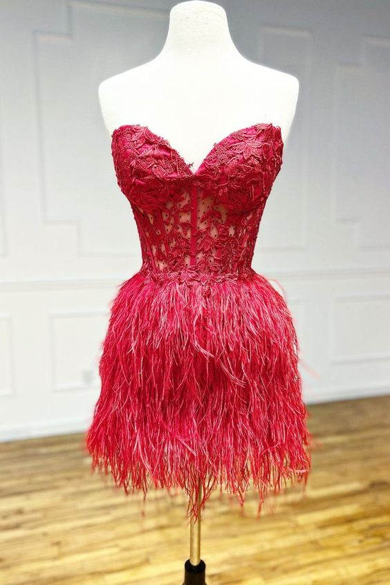 Sweetheart Feather Skirt Hot Pink Tight Homecoming Dress