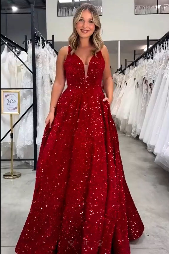 Glitter V-Neck White A-Line Prom Dress with Pockets FancyVestido Glitter V-Neck White A-Line Prom Dress with Pockets FancyVestido