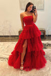 Strapless Fuchsia Pleated Tiered Tulle Prom Dress with Slit