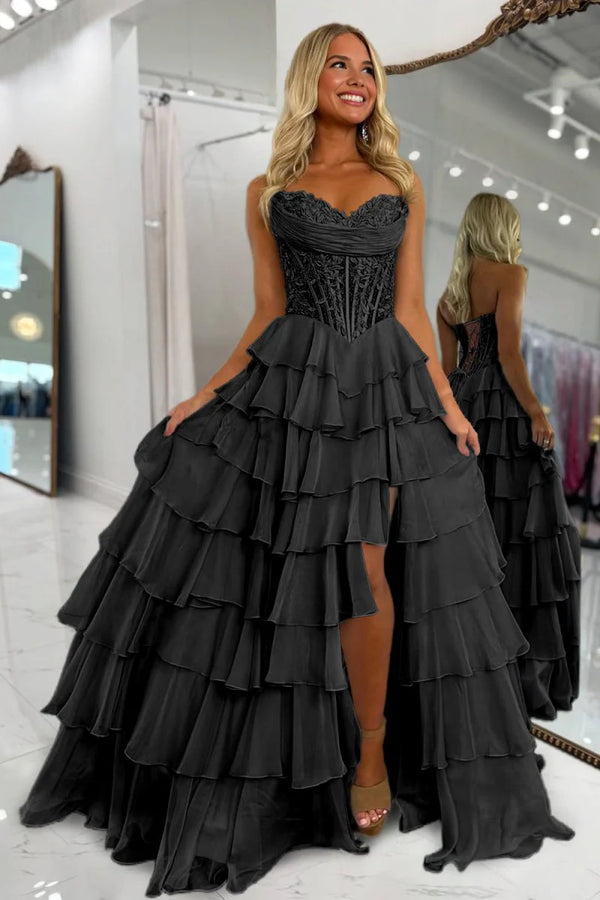 Sweetheart Applique Boned Ruffle Chiffon Long Prom Dress