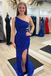 Mermaid One Shoulder Cut-Out Beaded Long Prom Dress with Slit